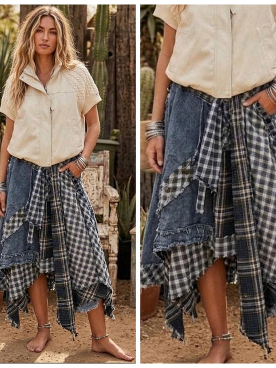 Oli & Hali Dresses & Skirts - Boho Patchwork Plaid Assymetrical Denim Skirt - Blue
